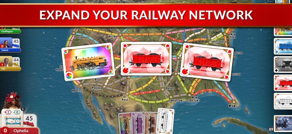 Digital board game screenshot of Ticket to Ride showing a map of North America and collectible train cards