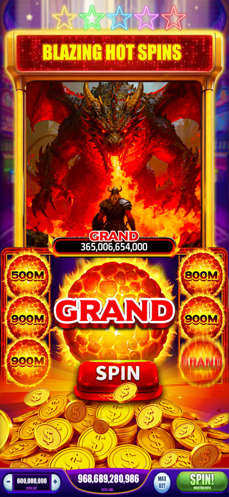 Classic Slots VIP - Classic Slots VIP game screen featuring a red dragon theme with a huge Grand Jackpot and flaming spin symbols.