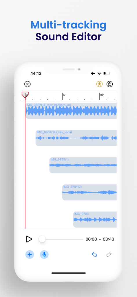 TunerLab Audio Editor - Interface do aplicativo móvel TunerLab mostrando múltiplas faixas de áudio e formas de onda em um editor de som multipista