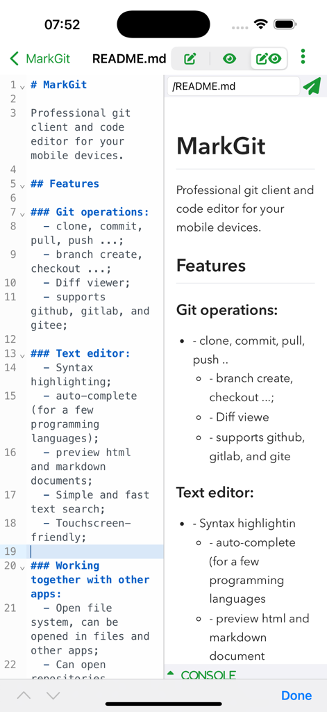 MarkGitアプリのインターフェース。Markdownコードエディタとそのライブプレビューがモバイルデバイスに表示されるスプリットスクリーンを示しています。