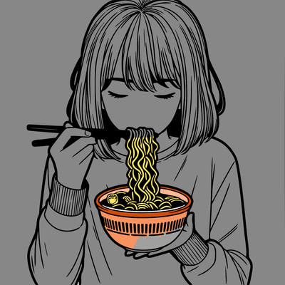 a girl realistic eating ramen noodles