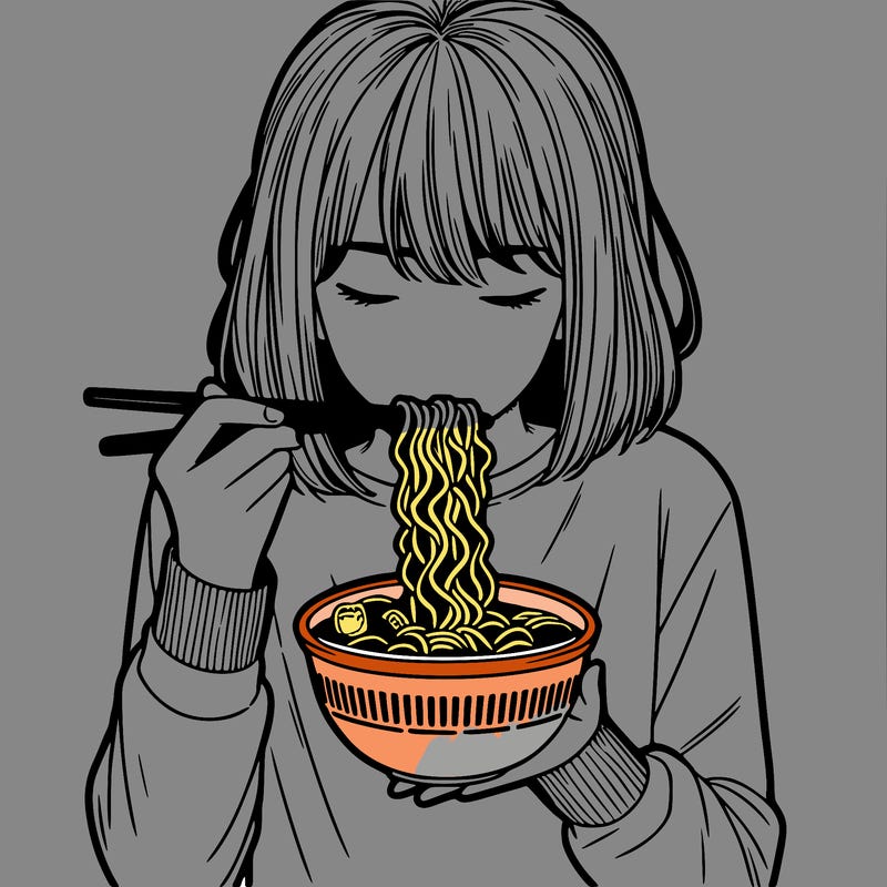 a girl realistic eating ramen noodles