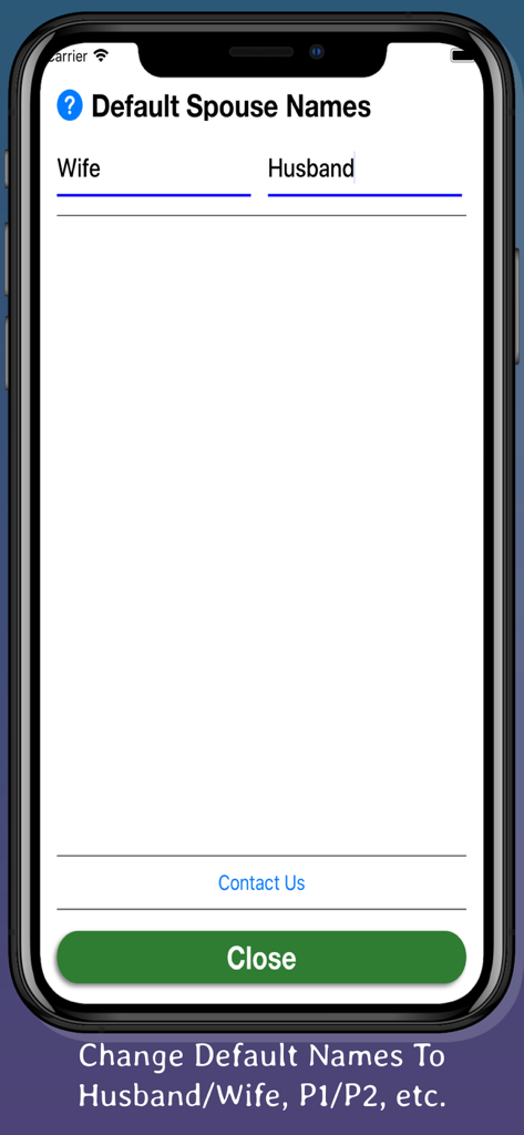 A screen in the Virginia Spousal Support app allowing users to set default labels for spouses