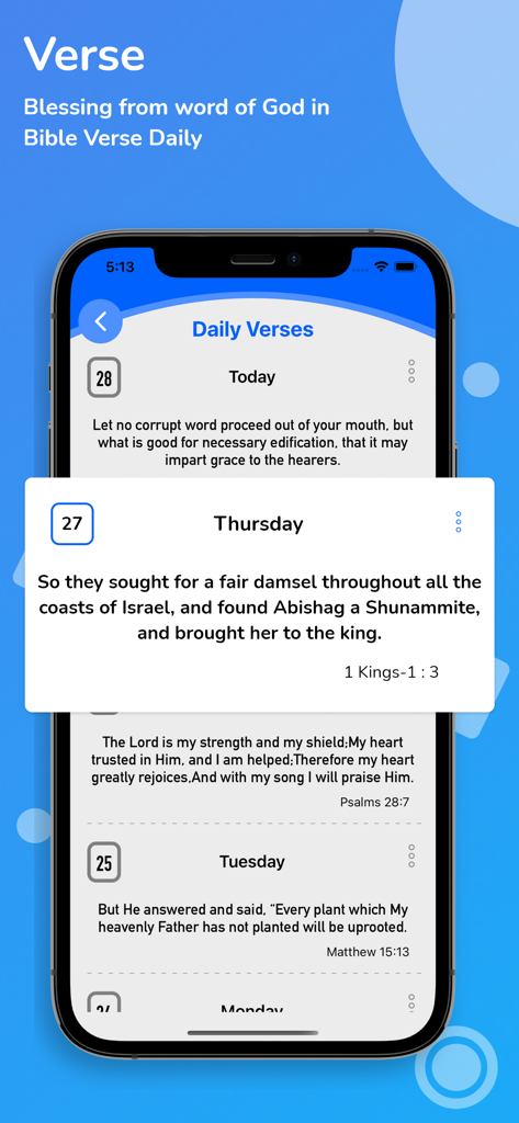 Amplified Bible (AMP) Audio* - A smartphone displaying the daily verses interface of the Amplified Bible app with scriptures for each day