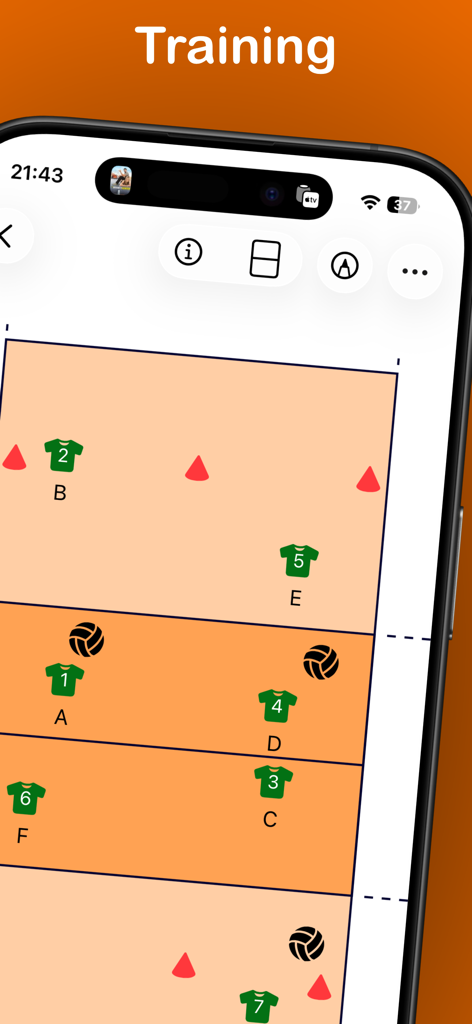 VolleyBoards - Digital volleyball tactics board showing player positions and training cones on a court layout.