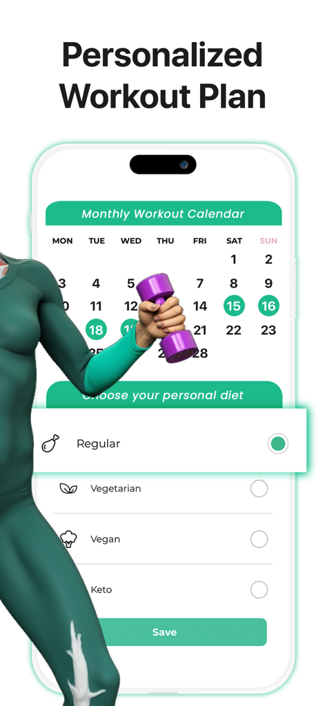 Fitonomy: Home & Gym Trainer - Fitonomy app interface showing a monthly workout calendar and options to choose a personal diet plan