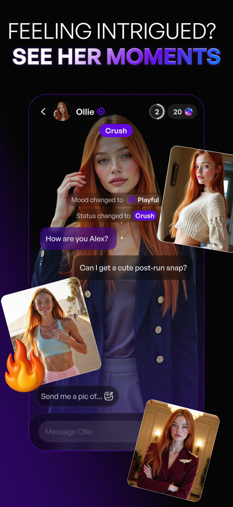 EVA: Chat with AI Girlfriend - Captura de tela do aplicativo EVA AI Chat mostrando uma conversa com um personagem de IA chamado Ollie, incluindo momentos de compartilhamento de fotos e atualizações de status de relacionamento