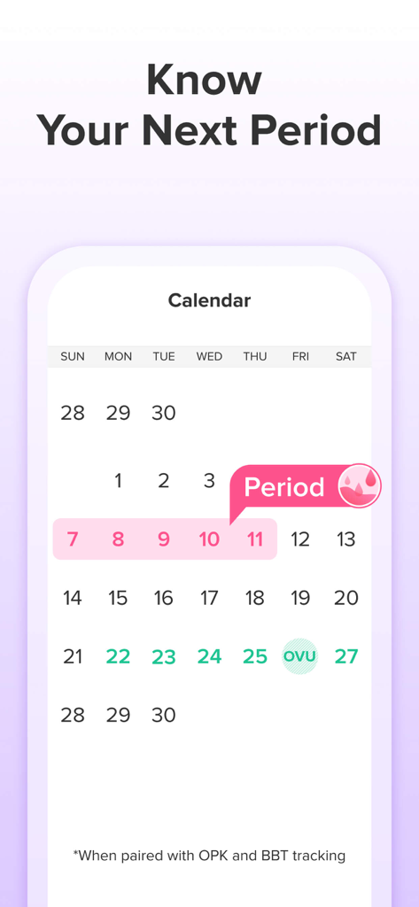 Calendar view of the Glow Eve app showing tracked period and ovulation dates