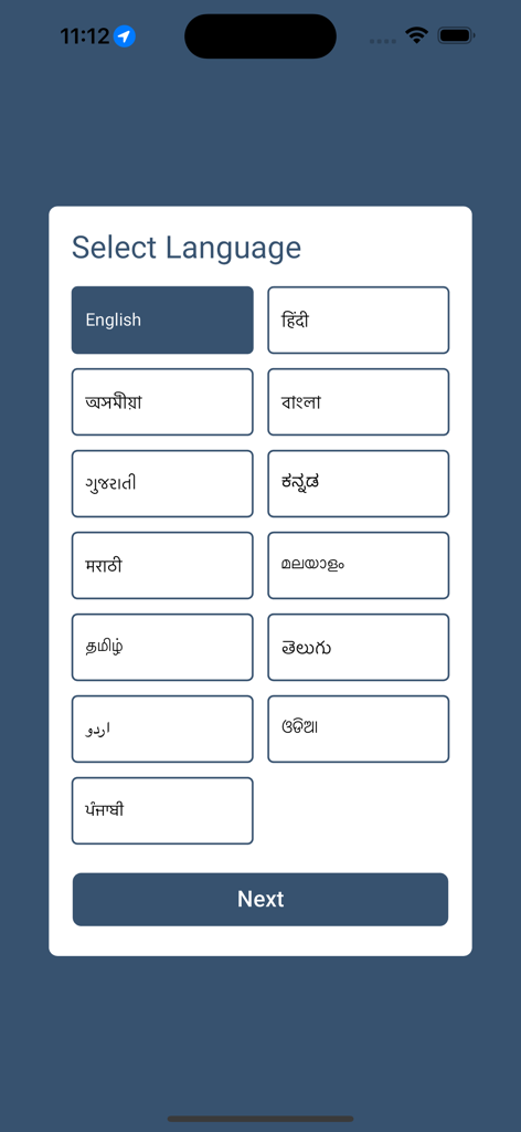 Mausam - Pantalla de selección de idioma para la aplicación meteorológica Mausam con varios idiomas indios