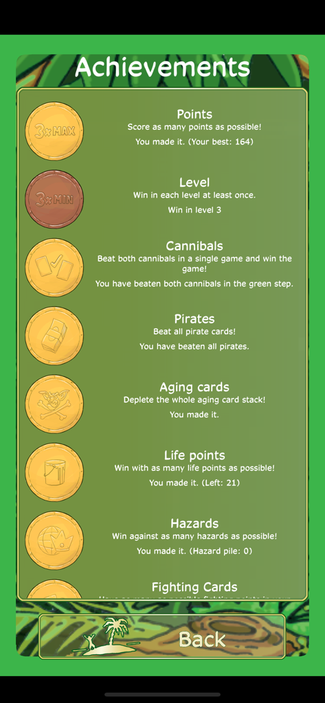 Friday - by Friedemann Friese - Bildschirm für Errungenschaften im mobilen Brettspiel Friday, der abgeschlossene Herausforderungen wie Piraten und Gefahren zeigt