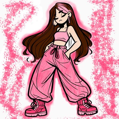 girl in baggy pants crop top and long hair