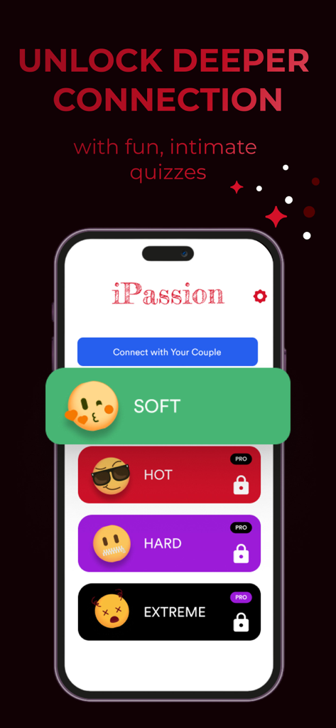 iPassion app screen showing intimate quiz difficulty levels from soft to extreme for couples