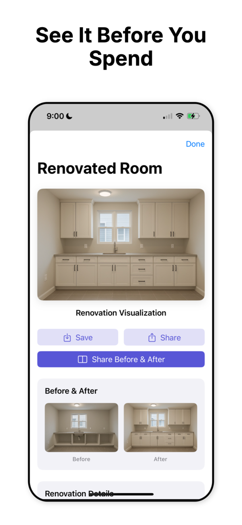 AI Remodel: Home Renovation - AI Remodel app screen showing a kitchen renovation visualization with a before and after comparison.