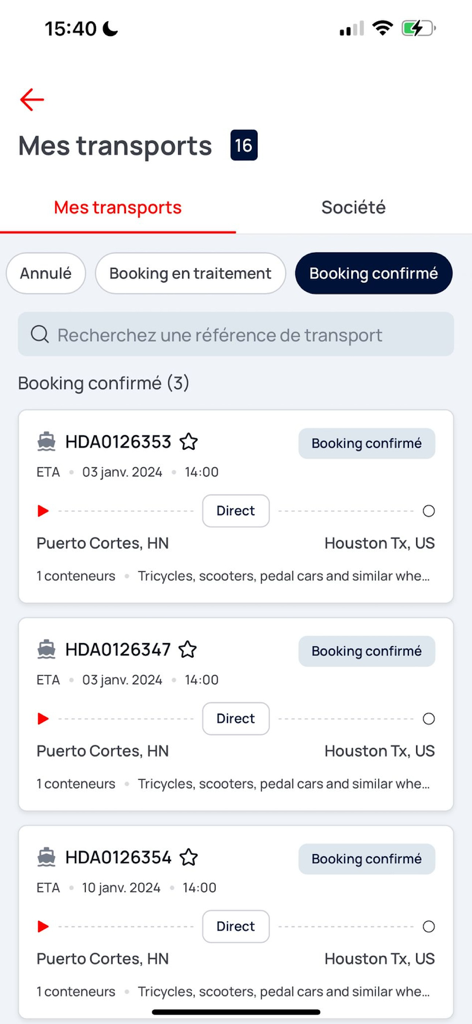 CMA CGM mobile app screen displaying a list of confirmed shipment bookings with ETAs and destination details.