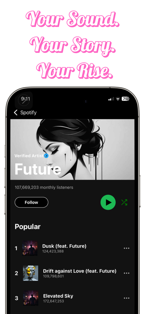 Essential Popstar Life Sim - Captura de pantalla de un perfil de artista de Spotify en el juego Essential Popstar Life Sim con un artista verificado y estadísticas de streaming.