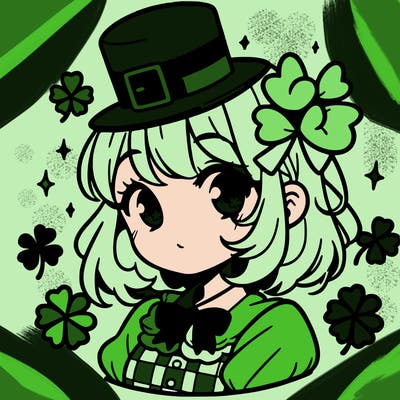a manga-style girl with clovers around her, a little hat in her hair, like it's saint patrick's day