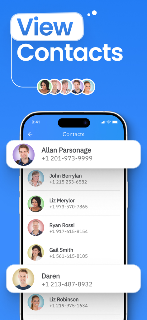 Spy Phone app interface displaying a list of tracked contacts with names and numbers