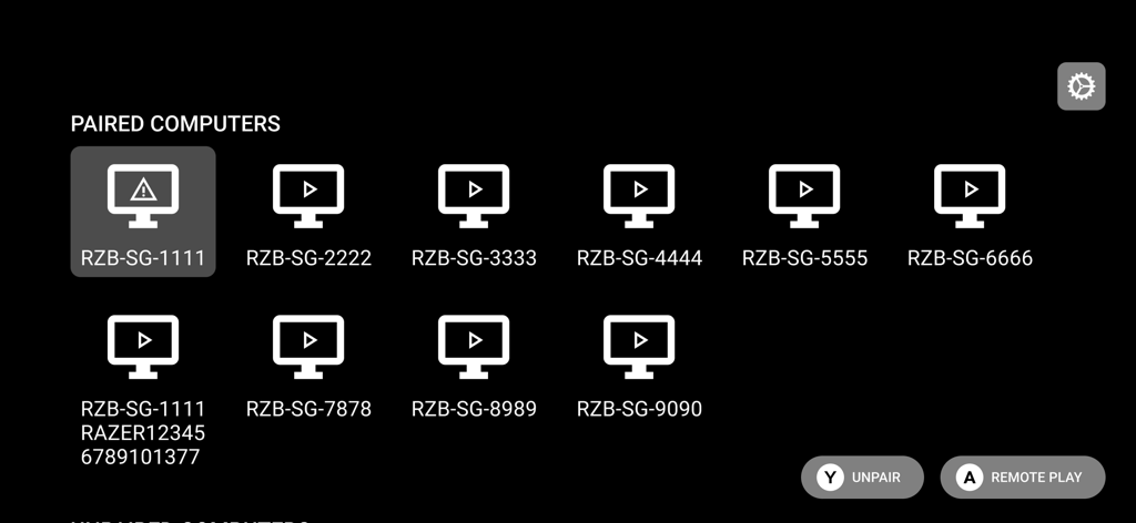 Razer PC Remote Play - Interfaz de la aplicación Razer PC Remote Play que muestra una lista de computadoras de juegos emparejadas listas para transmitir