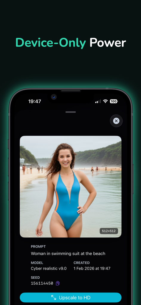 Lumina app interface showing an AI generated image of a woman on a beach with prompt details and an upscale option