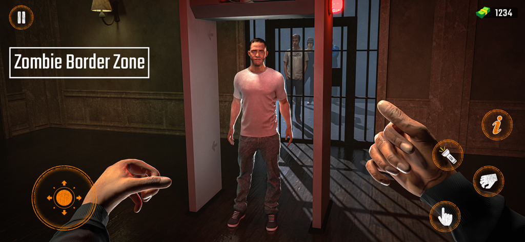 Zombie Border Survival Zone - Vista en primera persona de un oficial fronterizo escaneando a un hombre en busca de infección