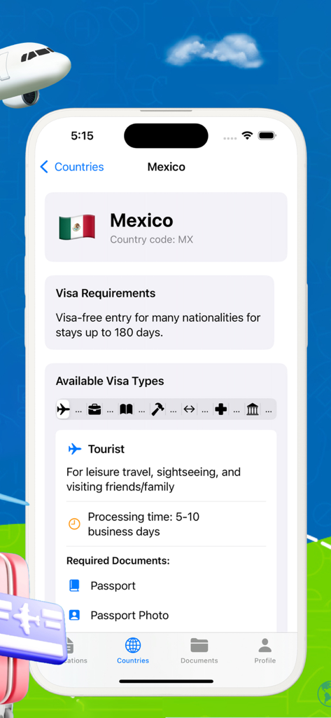 VisaFlow app screen displaying visa requirements and tourist visa details for Mexico