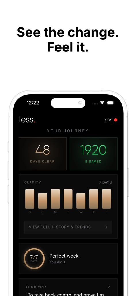 less. Drink less & Stay Sober - A smartphone screen displaying the less app sobriety dashboard with days clear, money saved, and clarity trends graph.