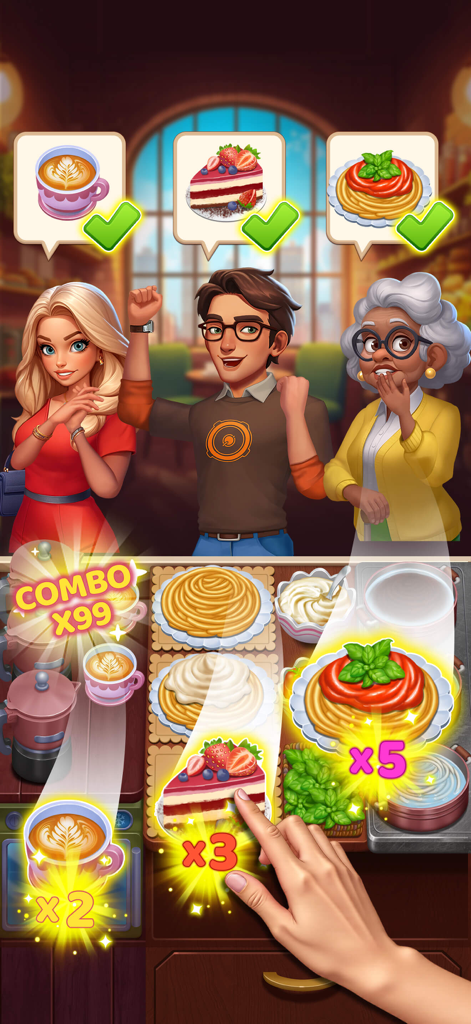 Cooking Ready - Una mano toca una rebanada de pastel en un juego de cocina vertical mientras los clientes felices reciben sus pedidos de café, pastel y pasta