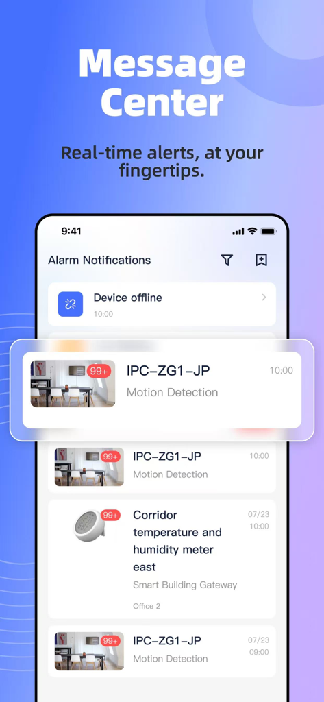 IMOU GLOW - Aplicación móvil IMOU GLOW que muestra notificaciones de alarma en tiempo real y alertas de detección de movimiento para pequeñas empresas.
