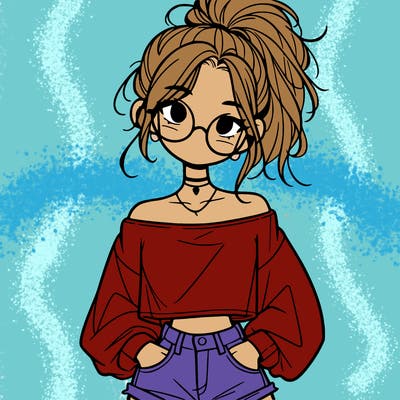 girl with a messy ponytail glasses a baggy crop top and jean shorts