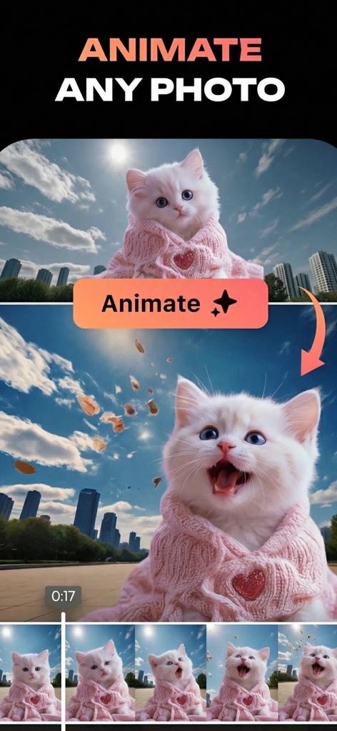 Pet Videos: Cat,Dog Translator - 白い子猫の写真が動画に変換されているペットアニメーションアプリのインターフェース