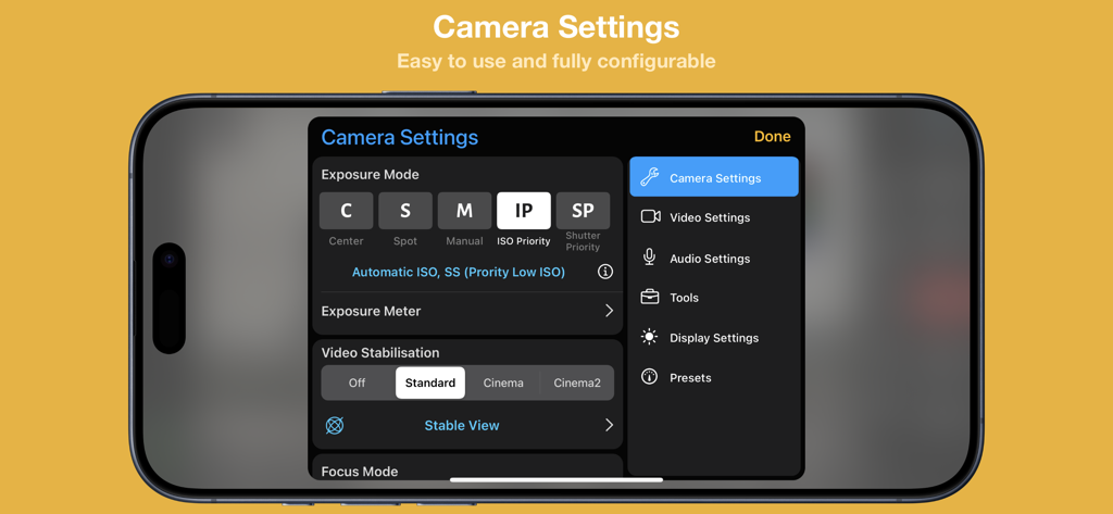 Cinema P3 Pro Camera - Interface of the Cinema P3 Pro Camera app showing manual exposure and video stabilization settings on an iPhone