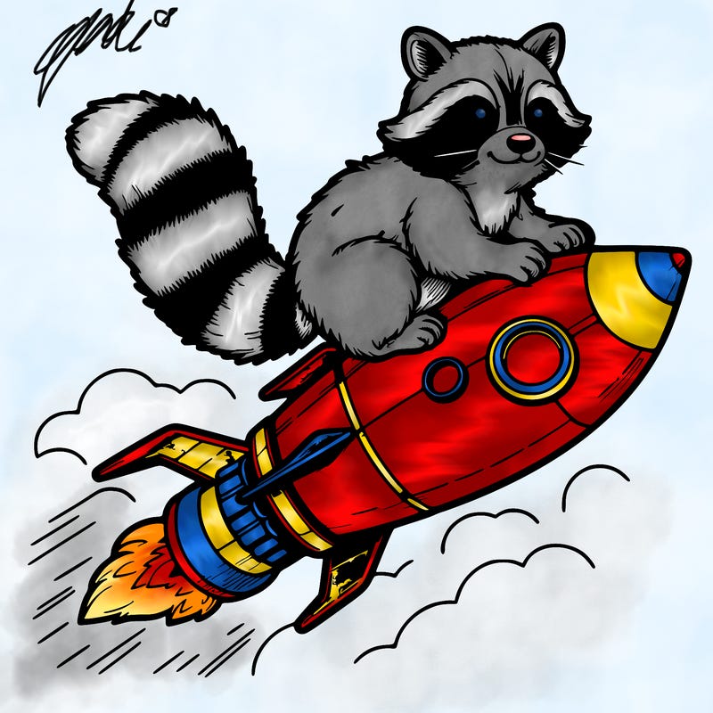 realistic raccoon flying on top rocket ship