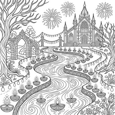 Immerse yourself in a unique blend of mystery and festivity with this Gothic river coloring page. Adorned with Diwali diyas and fireworks, it offers a captivating artistic challenge.