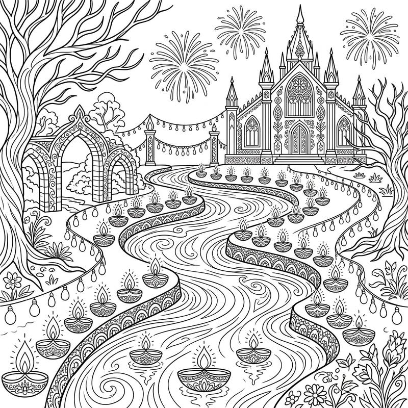 Immerse yourself in a unique blend of mystery and festivity with this Gothic river coloring page. Adorned with Diwali diyas and fireworks, it offers a captivating artistic challenge.