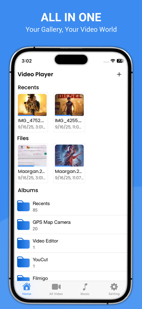 MX Video Player – All in One - Home screen of MX Video Player app showing recently played videos and video albums on an iPhone.