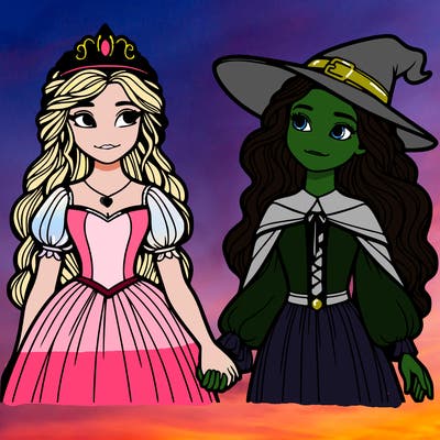 a princess and a witch holding hands realistic