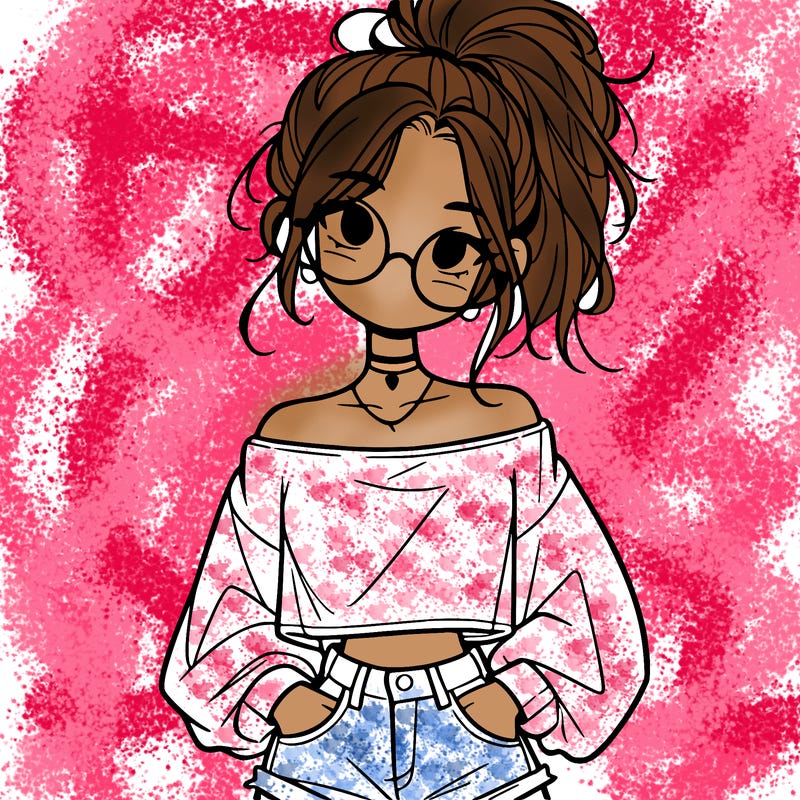 girl with a messy ponytail glasses a baggy crop top and jean shorts