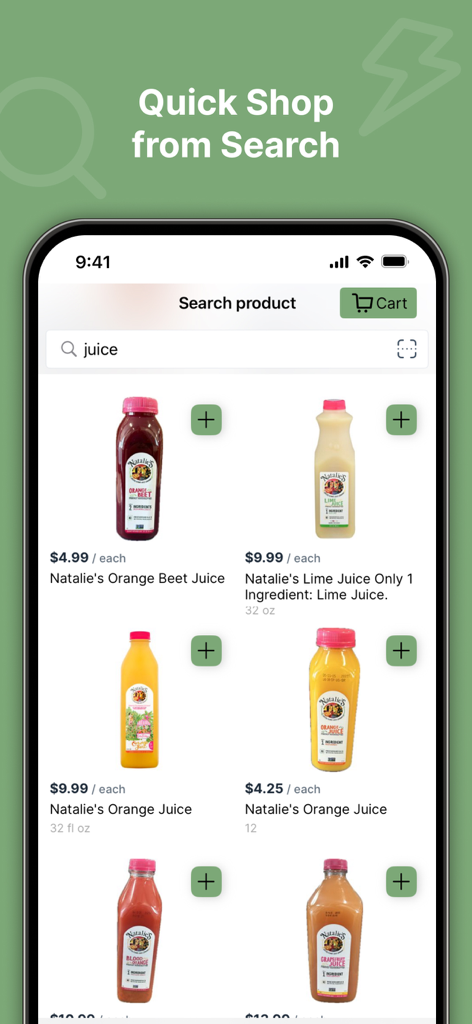 Search results for juice in the Pines-Pantry mobile app showing various bottled juices with prices and add to cart buttons.