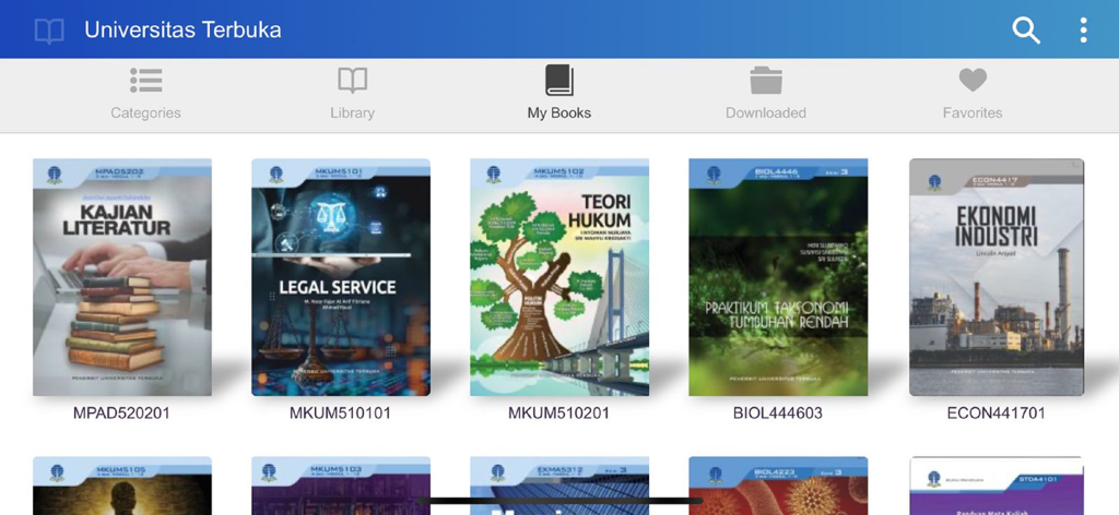 Bahan Ajar Interaktif-UT - Digital library screen of the Universitas Terbuka interactive learning app showing book covers
