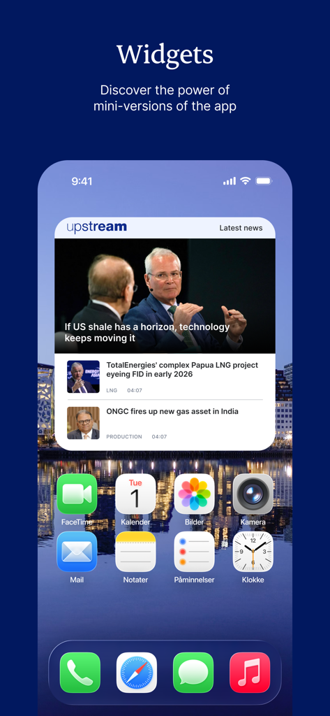 최신 에너지 산업 헤드라인을 표시하는 iPhone 홈 화면의 Upstream News iOS 위젯