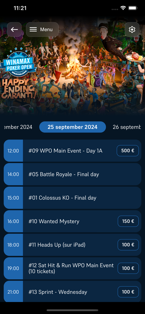 Winamax Live - Daily schedule of poker events for the Winamax Poker Open in Bratislava