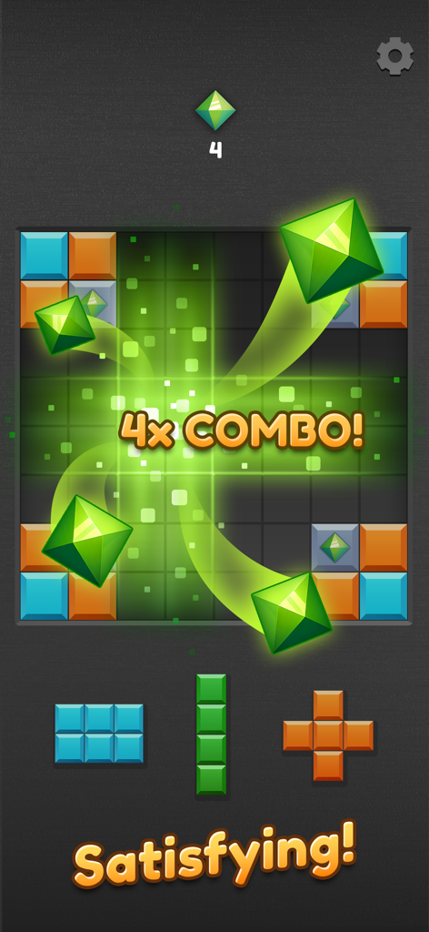 Blocks of Bitcoin - Juego Blocks of Bitcoin que muestra un efecto de combo de 4x y una satisfactoria eliminación de bloques en una cuadrícula de 8x8.