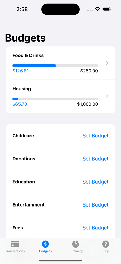 Spendwise app interface displaying the budgets screen with expense categories and progress bars for food and housing.