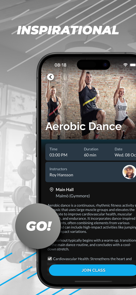 Go Active! - Go Active mobile app screen showing details for an aerobic dance class including time instructor and a join button