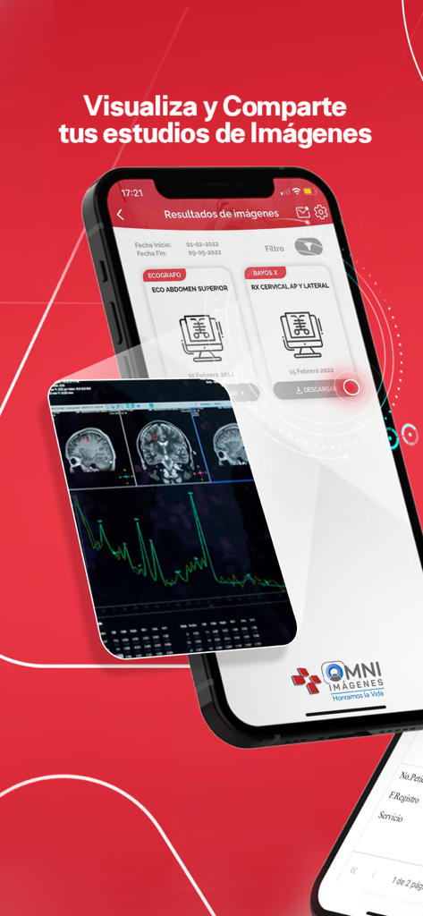 Omni Hospital - Omni Hospital app screen showing medical imaging results like ultrasounds and X-rays with a feature to visualize and share studies
