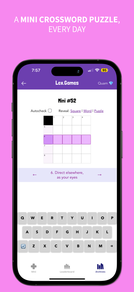 Lex Gamesアプリのインターフェース。5x5グリッドと仮想キーボードを備えた毎日のミニクロスワードパズルが表示されています。