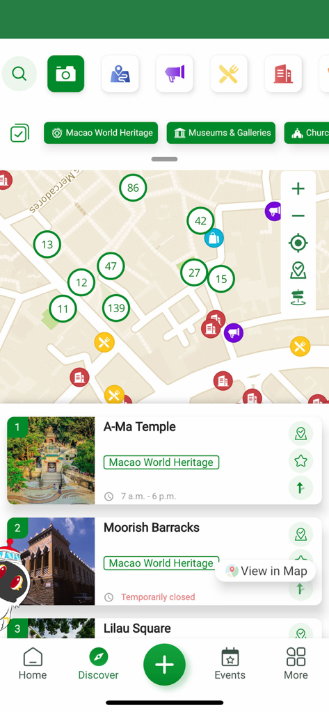 Experience Macao 感受澳門 - 관광 명소 및 세계 유산 유적지의 대화형 지도를 보여주는 Experience Macao 앱 인터페이스
