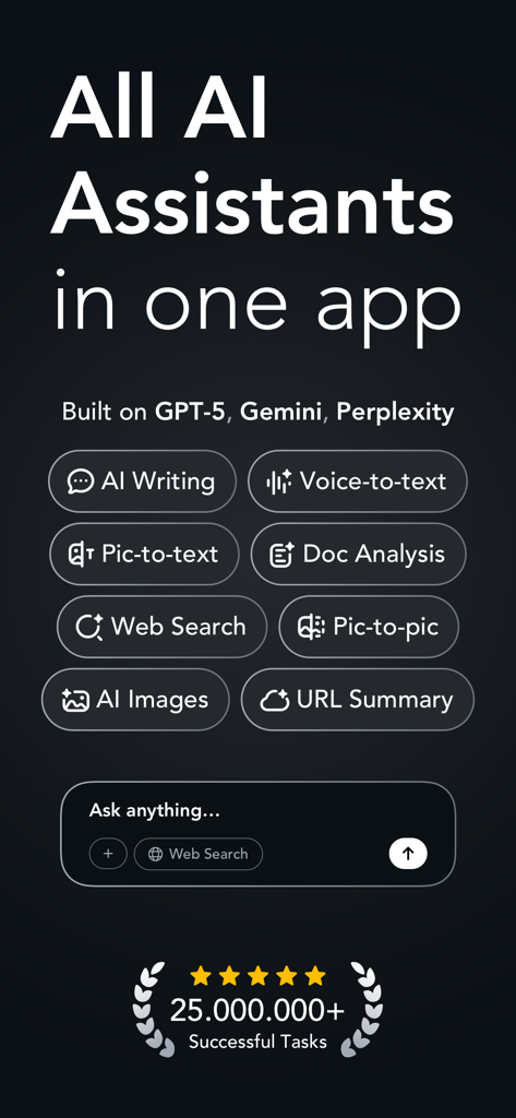 Interfaz de Chatbot AI destacando todas las herramientas de asistente IA en uno, incluyendo escritura, imágenes y búsqueda