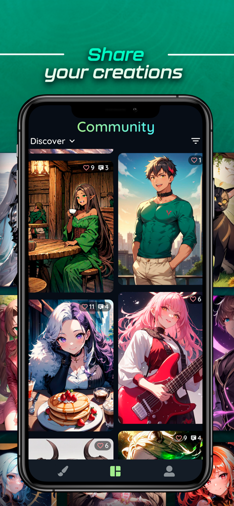 Otaiku app community screen displaying a variety of AI-generated anime characters in a gallery layout