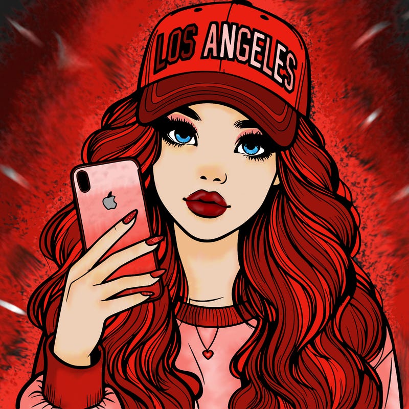 realistic beautiful girl wearing los ángeles cap holding an iphone